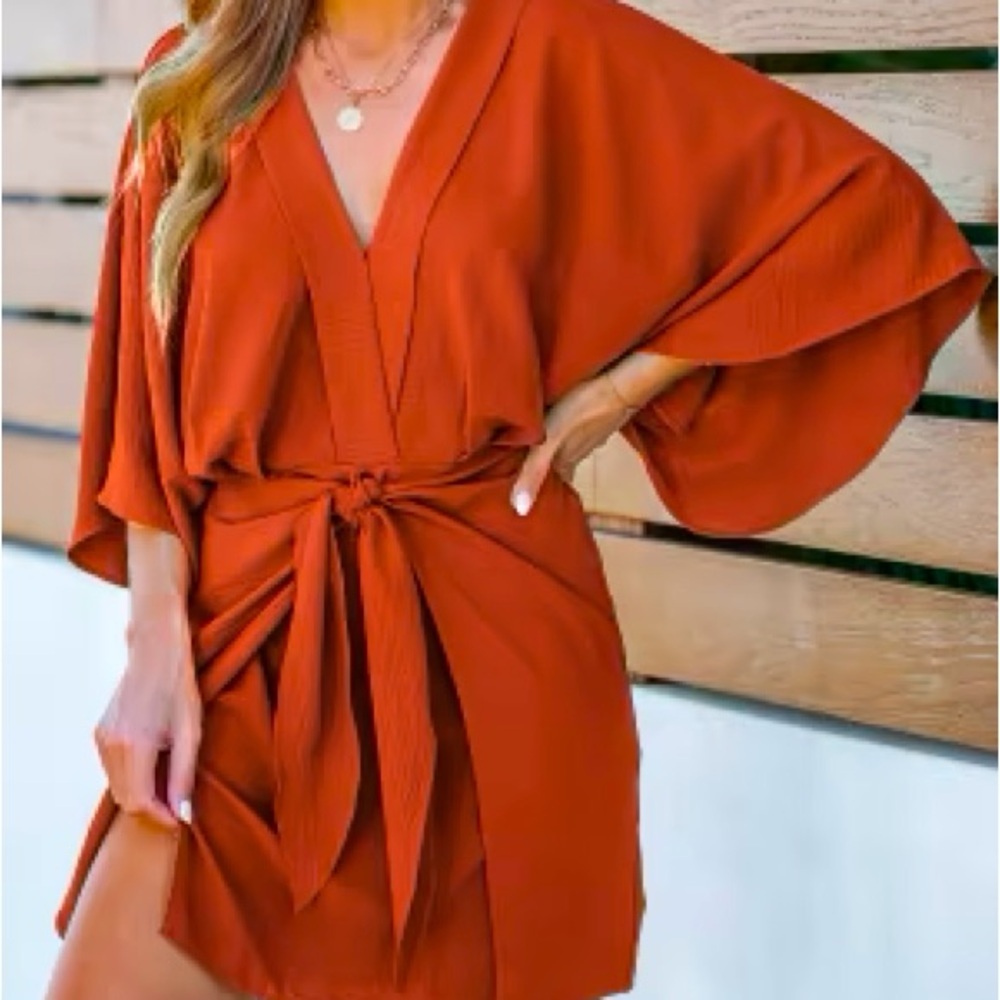 NWT Light Brown V-Neck Kimono Sleeve Mini Dress